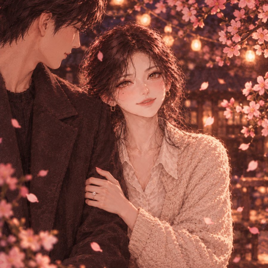 복숭아꽃 아래에서 약혼자와 함께 웃고 있는 라온을 닮은 그림