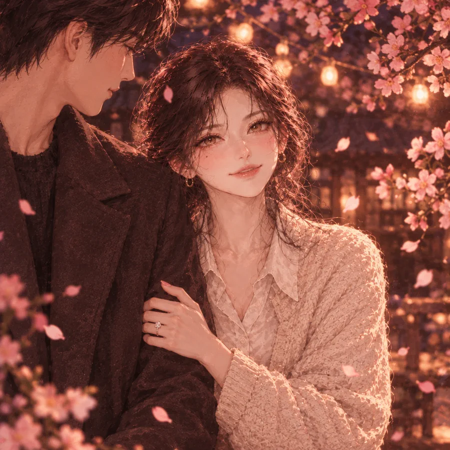 복숭아꽃 아래에서 약혼자와 함께 웃고 있는 라온을 닮은 그림