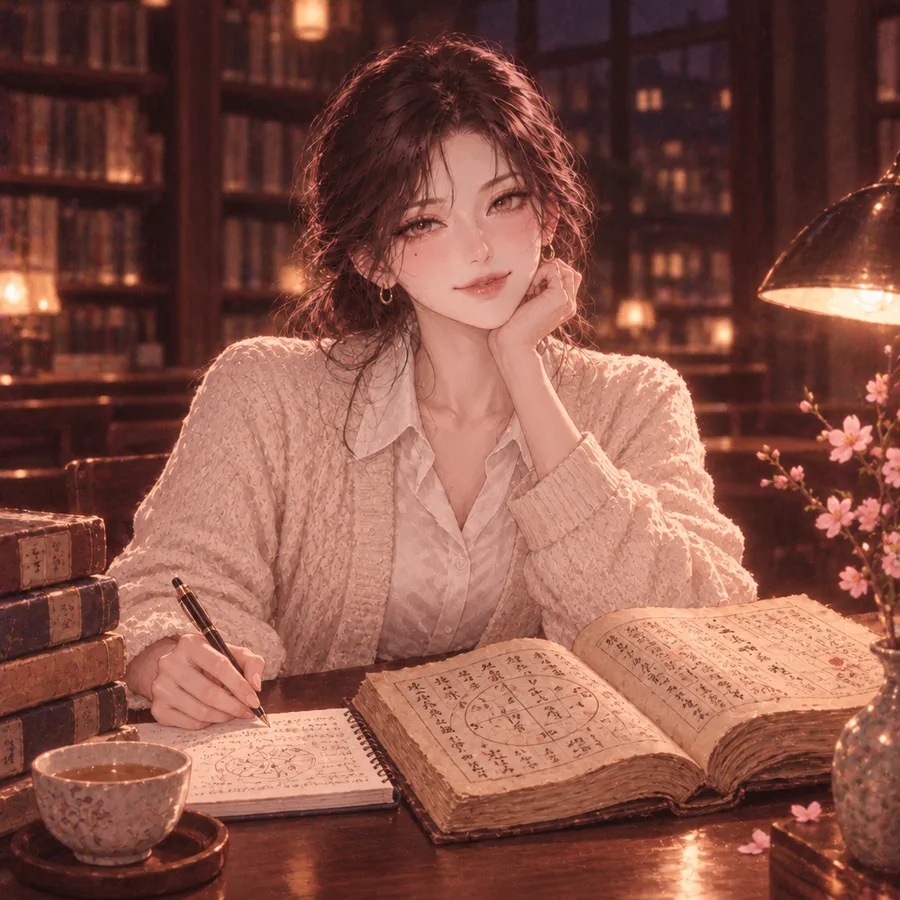 밤 도서관에서 명리학 책을 펼쳐 놓고 공부하는 라온을 닮은 그림